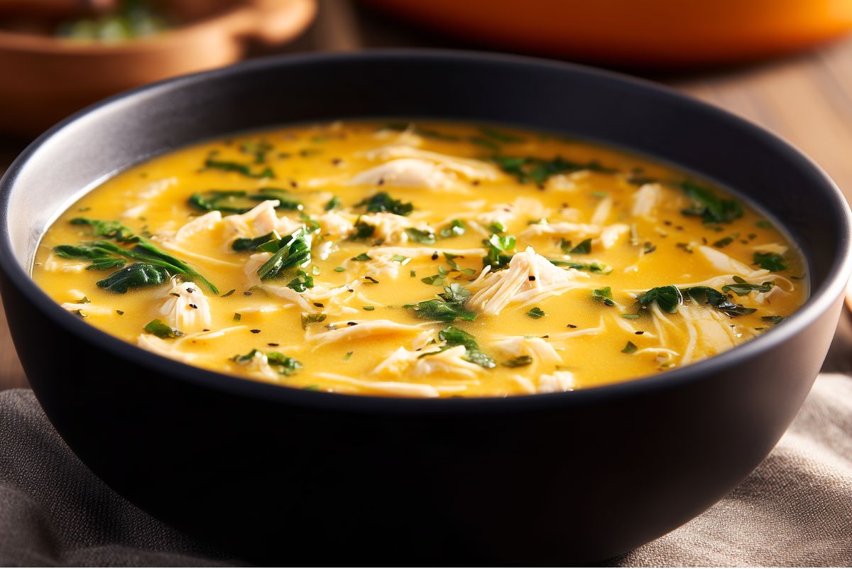 Close-up of creamy chicken and butternut squash soup in a matte black bowl, filled with shredded chicken, butternut squash, leafy greens, and herbs in a smooth golden broth.