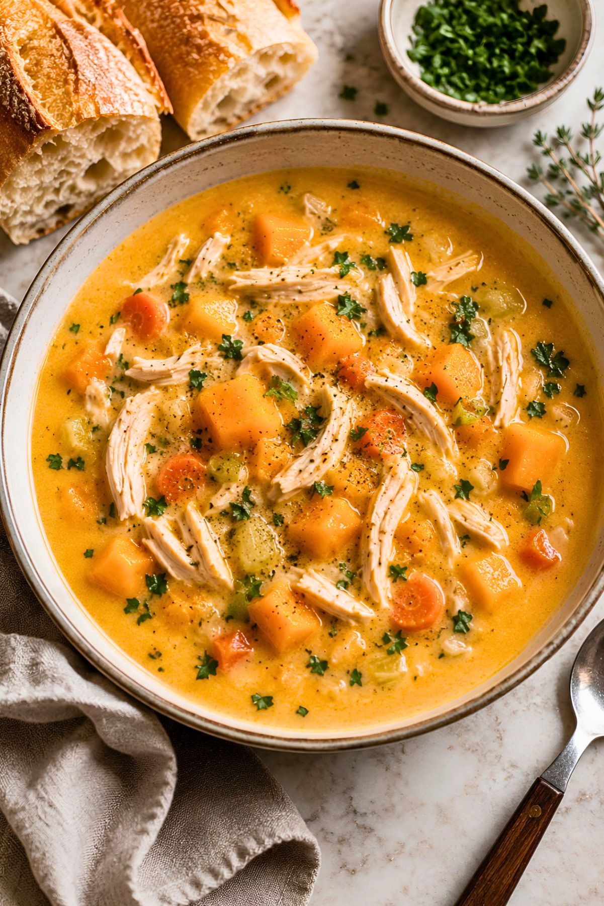 Creamy chicken and butternut squash soup with shredded chicken, squash cubes, carrots, celery, parsley, and black pepper in a rustic bowl, served with crusty bread.