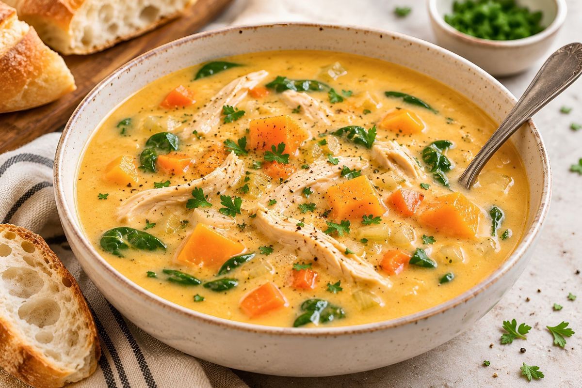 Creamy chicken and butternut squash soup with shredded chicken, squash cubes, carrots, celery, spinach, parsley, and black pepper in a rustic bowl, served with crusty bread.