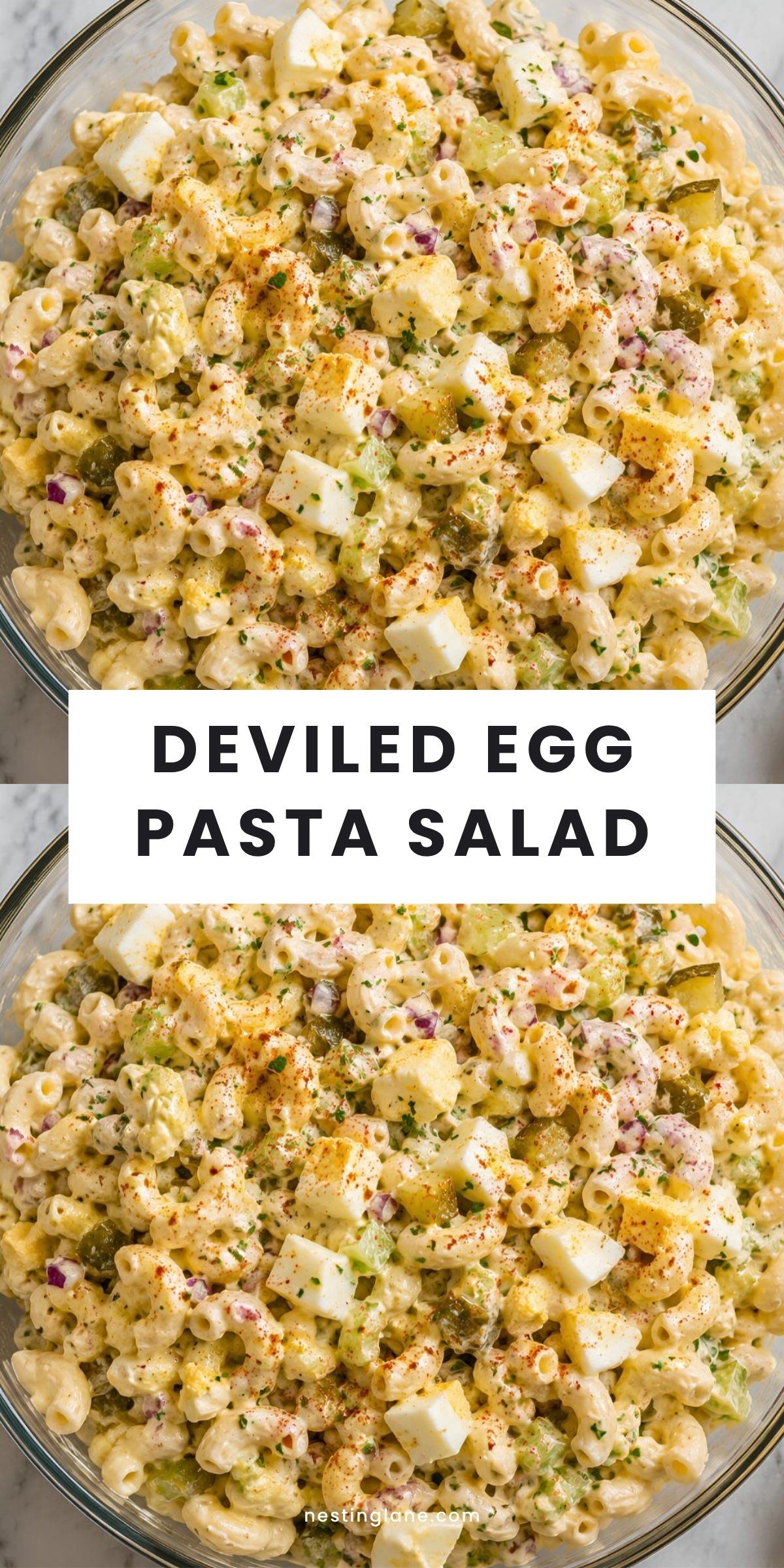 Creamy deviled egg pasta salad with elbow macaroni, chopped hard-boiled eggs, celery, pickles, red onion, herbs, and paprika in a glass bowl. Text reads “DEVILED EGG PASTA SALAD” and “nestinglane.com.”