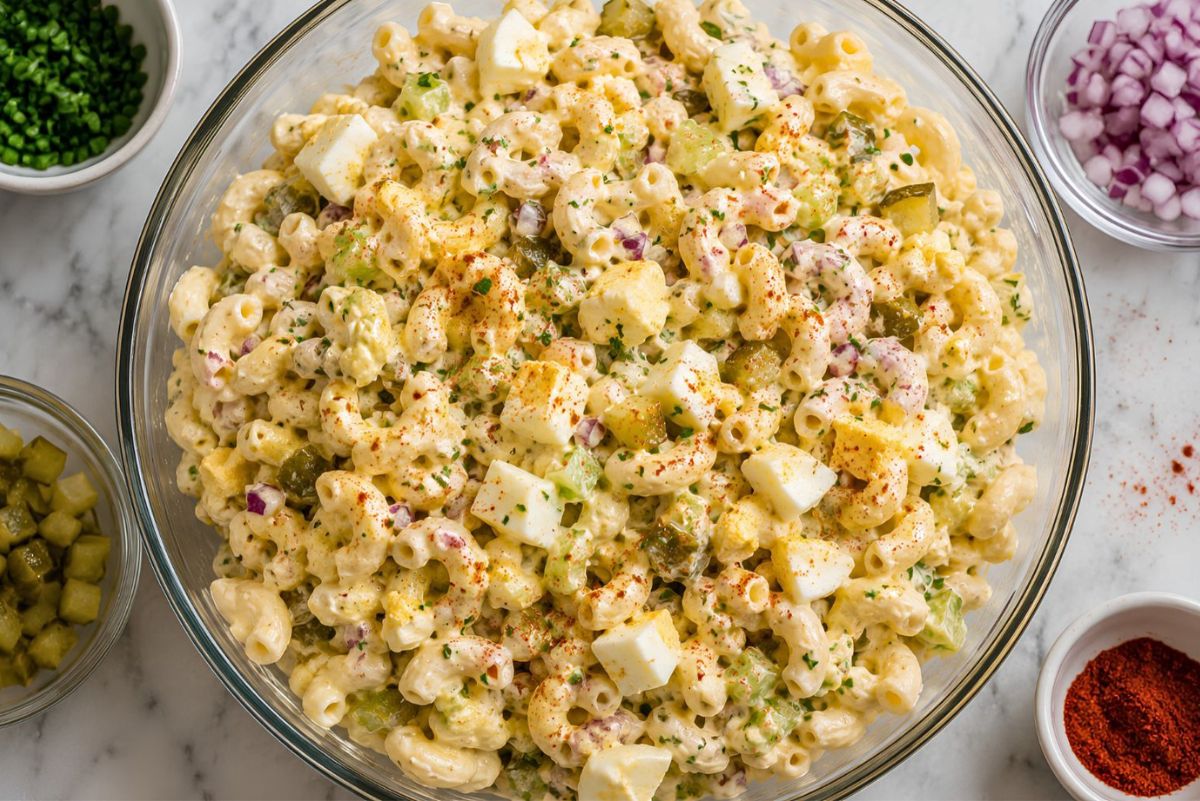 Overhead view of creamy deviled egg pasta salad with elbow macaroni, chopped hard-boiled eggs, celery, dill pickles, red onion, herbs, and paprika in a glass bowl, surrounded by small bowls of chives, onion, pickles, and paprika.