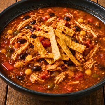 Hearty chicken tortilla soup in a black bowl with shredded chicken, black beans, corn, diced tomatoes, peppers, and crisp tortilla strips on top, served on a rustic wooden table.