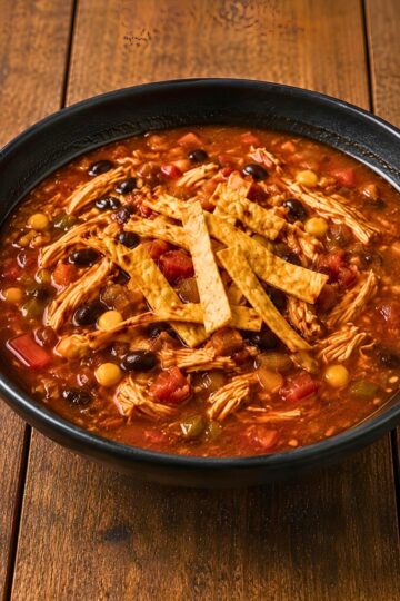 Hearty chicken tortilla soup in a black bowl with shredded chicken, black beans, corn, diced tomatoes, peppers, and crisp tortilla strips on top, served on a rustic wooden table.