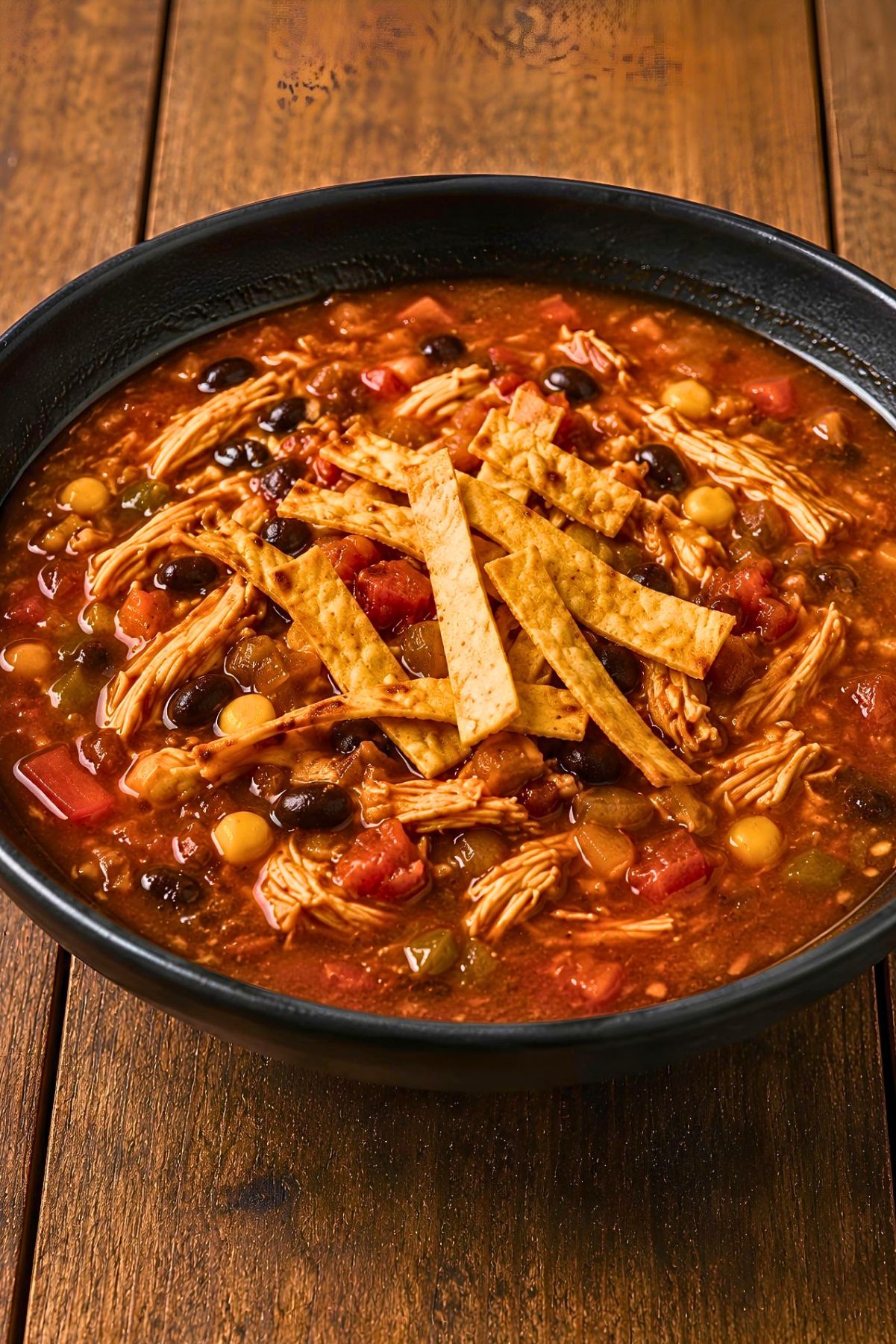 Hearty chicken tortilla soup in a black bowl with shredded chicken, black beans, corn, diced tomatoes, peppers, and crisp tortilla strips on top, served on a rustic wooden table.