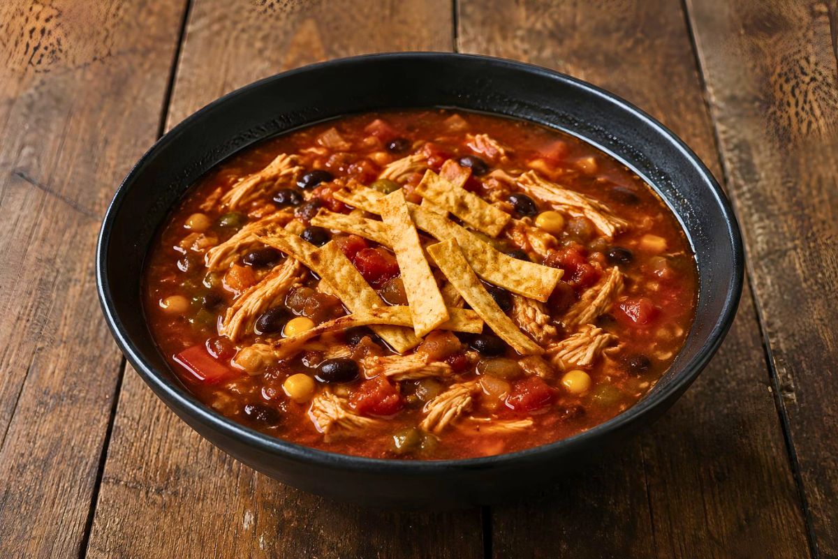 Hearty chicken tortilla soup in a black bowl with shredded chicken, black beans, corn, tomatoes, peppers, and crisp tortilla strips, served on a rustic wooden table.