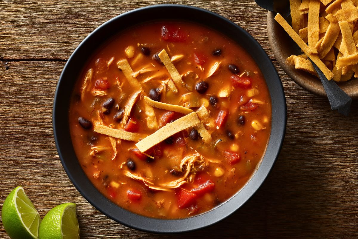 Hearty chicken tortilla soup with shredded chicken, black beans, corn, tomatoes, and tortilla strips, served with lime wedges and extra tortilla strips.