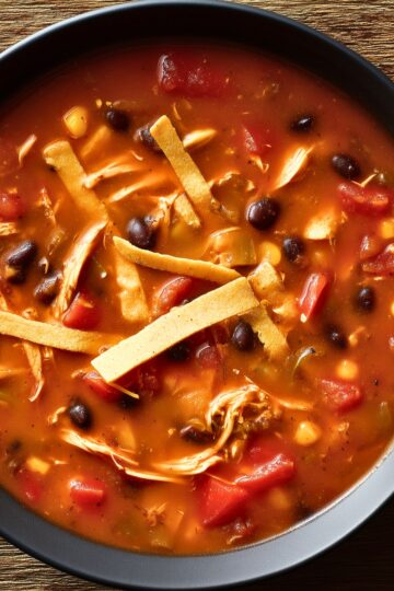 Hearty chicken tortilla soup with shredded chicken, black beans, corn, tomatoes, and crispy tortilla strips in a black bowl.