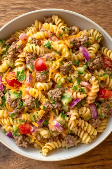 Close-up of high protein cheeseburger pasta salad with rotini, ground beef, shredded cheddar, tomatoes, red onion, pickles, and creamy dressing.