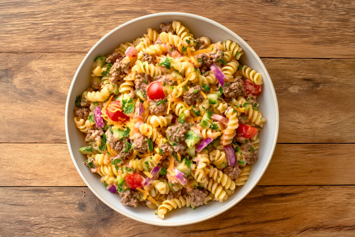 High protein cheeseburger pasta salad with rotini, ground beef, cheddar cheese, tomatoes, red onion, pickles, and creamy burger dressing.