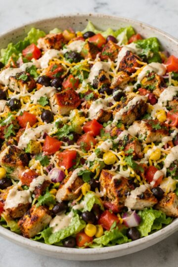 High protein chicken taco salad bowl with grilled chicken, romaine lettuce, black beans, corn, tomatoes, red onion, shredded cheese, cilantro, and creamy taco dressing in a white bowl.