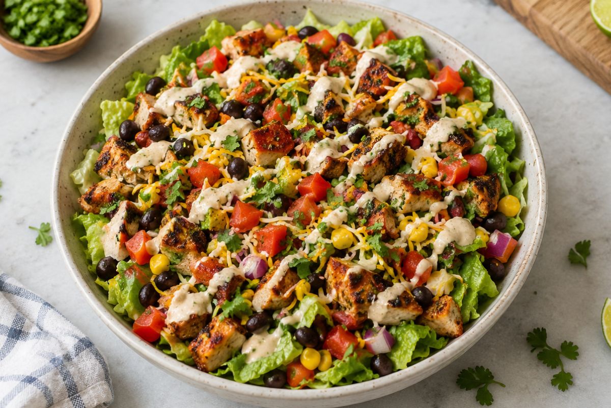 High protein chicken taco salad bowl with grilled chicken, romaine lettuce, black beans, corn, tomatoes, red onion, shredded cheese, cilantro, and creamy taco dressing in a white bowl with lime wedges nearby.