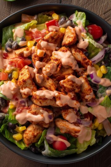 Close-up of a high protein chicken taco salad bowl with seasoned chicken, lettuce, black beans, corn, tomatoes, red onion, and creamy taco dressing.