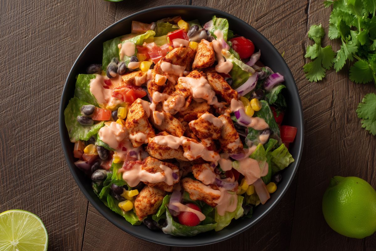 Overhead view of a high protein chicken taco salad bowl with seasoned chicken, lettuce, black beans, corn, tomatoes, red onion, and creamy dressing on a rustic wooden table.
