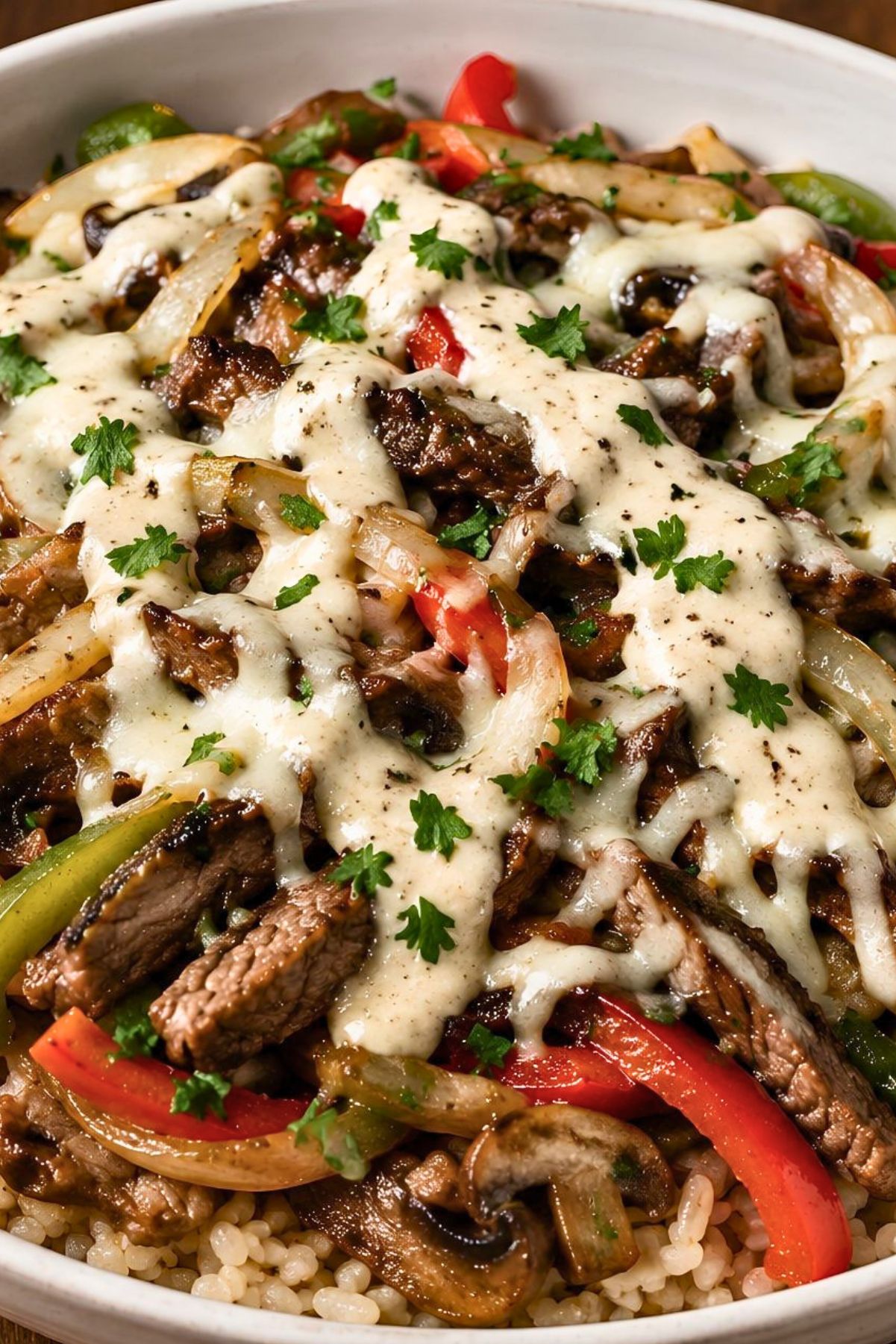 High protein Philly cheesesteak bowl with sliced steak, red and green bell peppers, onions, mushrooms, brown rice, melted provolone cheese, creamy sauce, black pepper, and fresh parsley in a white bowl.