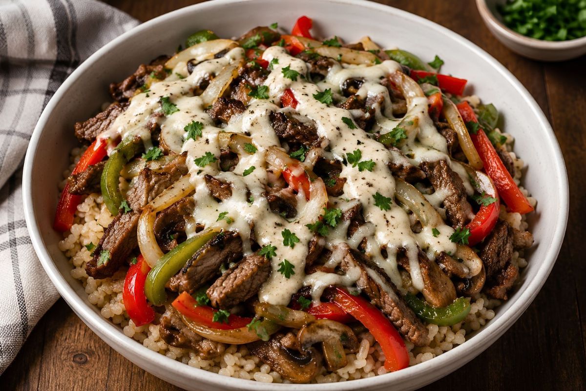 High protein Philly cheesesteak bowl with sliced steak, red and green peppers, onions, mushrooms, brown rice, melted provolone cheese, creamy sauce, parsley, and black pepper in a white bowl.
