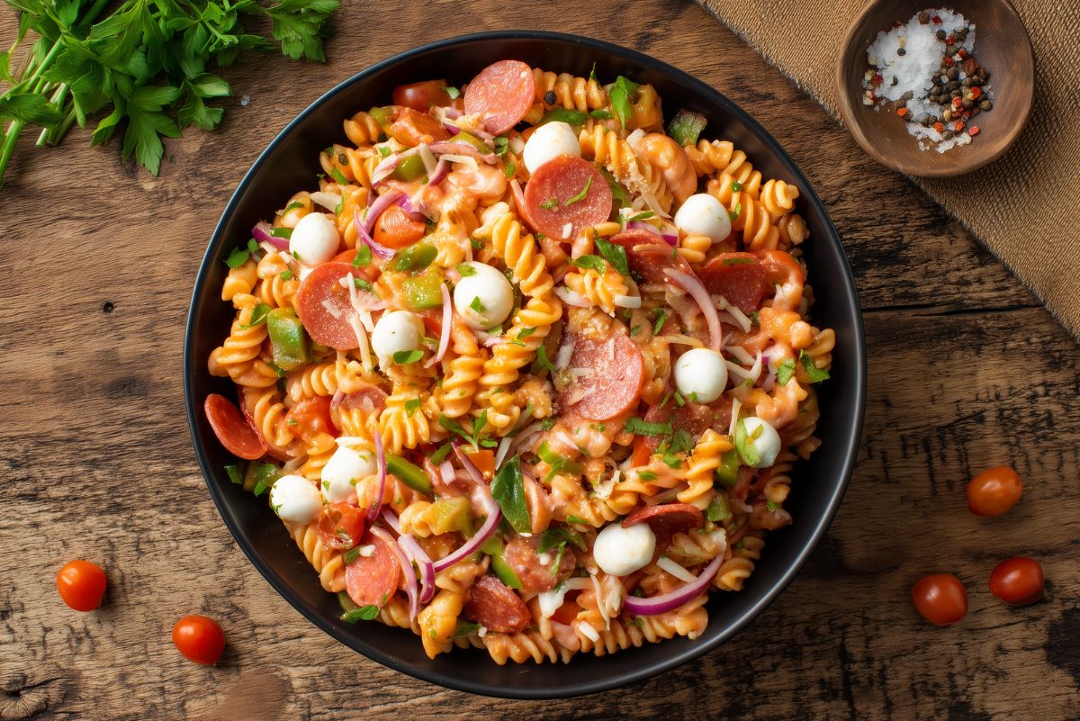Overhead view of high protein pizza pasta salad with rotini, pepperoni, mozzarella pearls, tomatoes, green peppers, and red onion in a black bowl on a rustic wooden table.