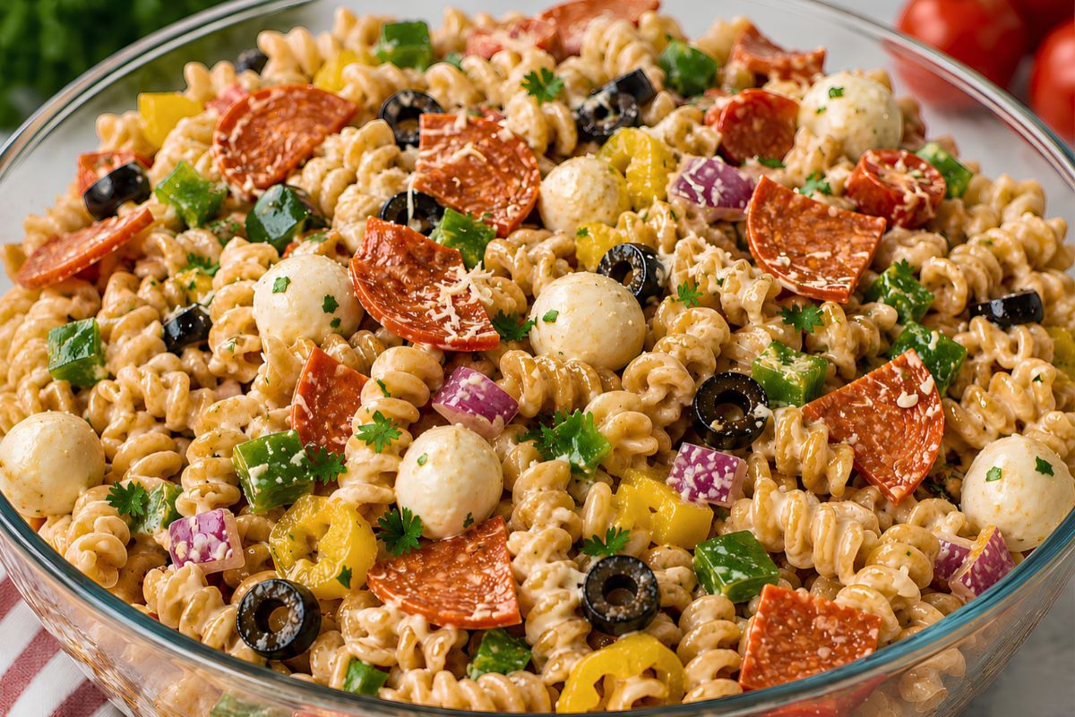 High protein pizza pasta salad with creamy rotini, quartered turkey pepperoni, mozzarella pearls, black olives, green bell pepper, banana peppers, red onion, Parmesan, and parsley in a large glass bowl.