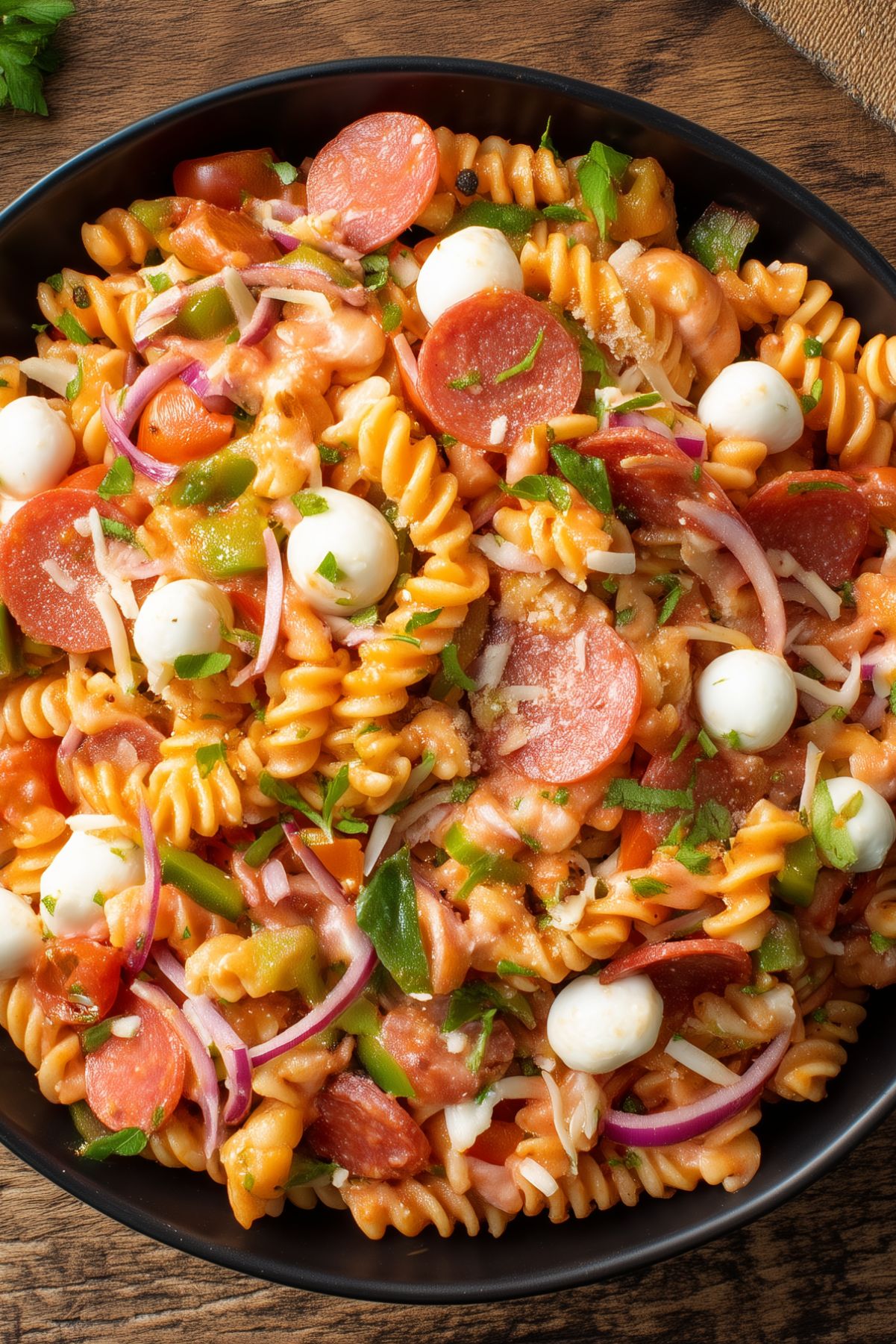 Close-up of high protein pizza pasta salad with rotini, pepperoni, mozzarella pearls, tomatoes, green bell peppers, red onion, and fresh herbs in a black bowl.