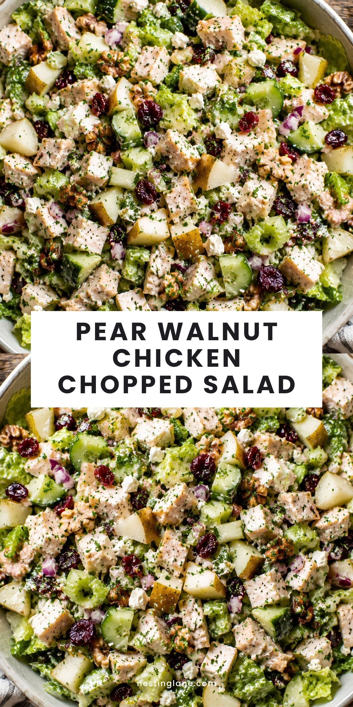 Overhead close-up of pear walnut chicken chopped salad with romaine, cucumber, celery, dried cranberries, red onion, feta, and creamy dressing. Text reads “Pear Walnut Chicken Chopped Salad” and “nestinglane.com.”