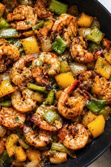 Close-up of Cajun shrimp sautéed with chunky yellow and green peppers and onions in a dark skillet, finished with chopped parsley and black pepper.