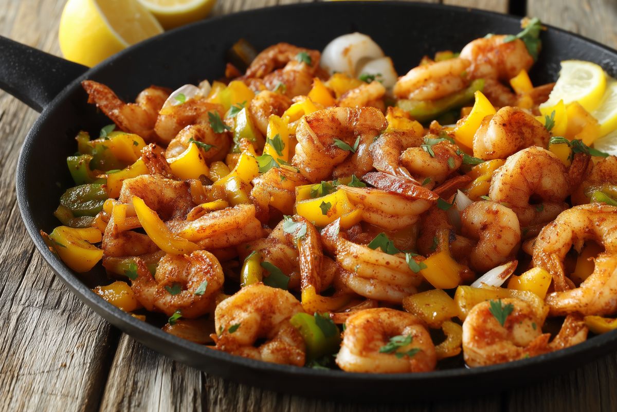 Quick Cajun shrimp and pepper skillet with seasoned shrimp, bell peppers, onions, and fresh herbs in a black skillet.