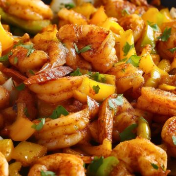 Close-up of Cajun shrimp and pepper skillet with seasoned shrimp, yellow and green bell peppers, onions, and fresh herbs.
