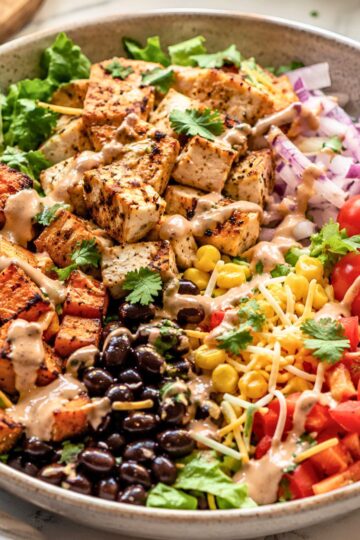 Tex-Mex chicken sweet potato bowl with grilled chicken, roasted sweet potatoes, black beans, corn, tomatoes, red onion, shredded cheese, romaine, cilantro, and creamy sauce.