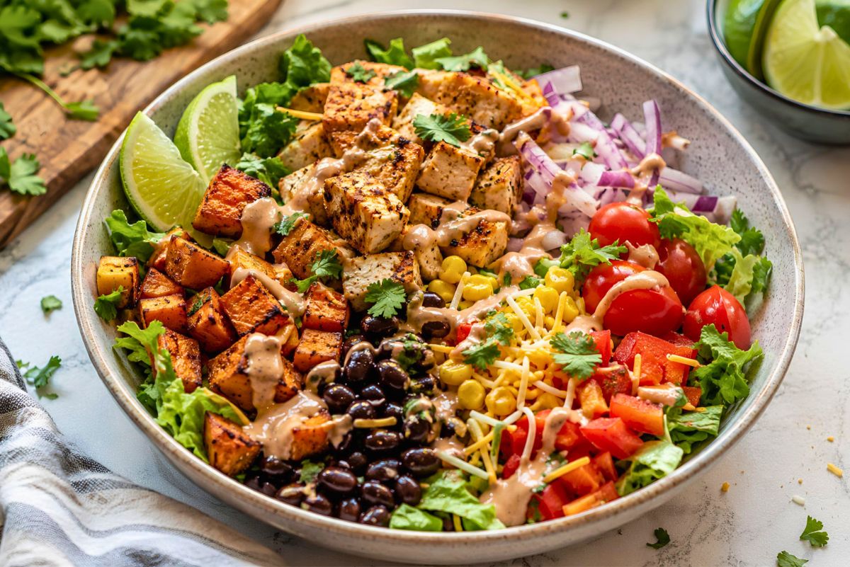 Tex-Mex chicken sweet potato bowl with seasoned grilled chicken, roasted sweet potatoes, black beans, corn, cherry tomatoes, red bell pepper, red onion, shredded cheese, romaine, cilantro, lime wedges, and creamy sauce.