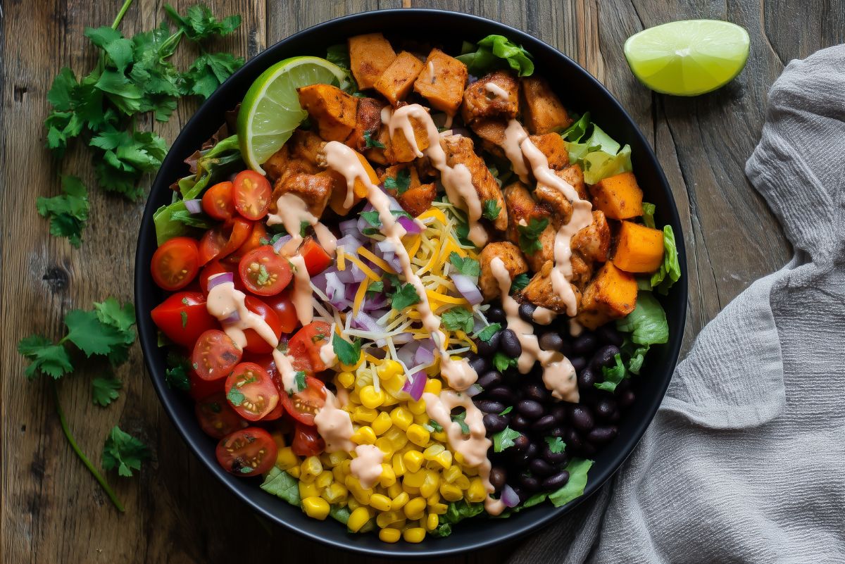 Overhead view of a Tex-Mex chicken sweet potato bowl with chicken, roasted sweet potatoes, black beans, corn, tomatoes, cheese, creamy dressing, cilantro, and lime.