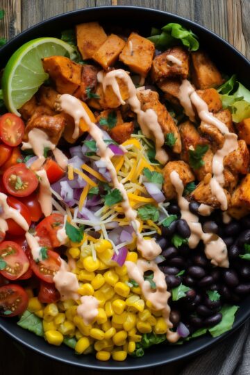 Close-up of a Tex-Mex chicken sweet potato bowl with roasted sweet potatoes, seasoned chicken, black beans, corn, tomatoes, lettuce, shredded cheese, red onion, and creamy dressing.