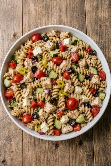 Overhead view of zesty Italian chicken pasta salad with whole wheat rotini, chicken, cherry tomatoes, cucumber, red bell pepper, red onion, pepperoncini, black olives, and mozzarella in a round white bowl on a rustic wood table.