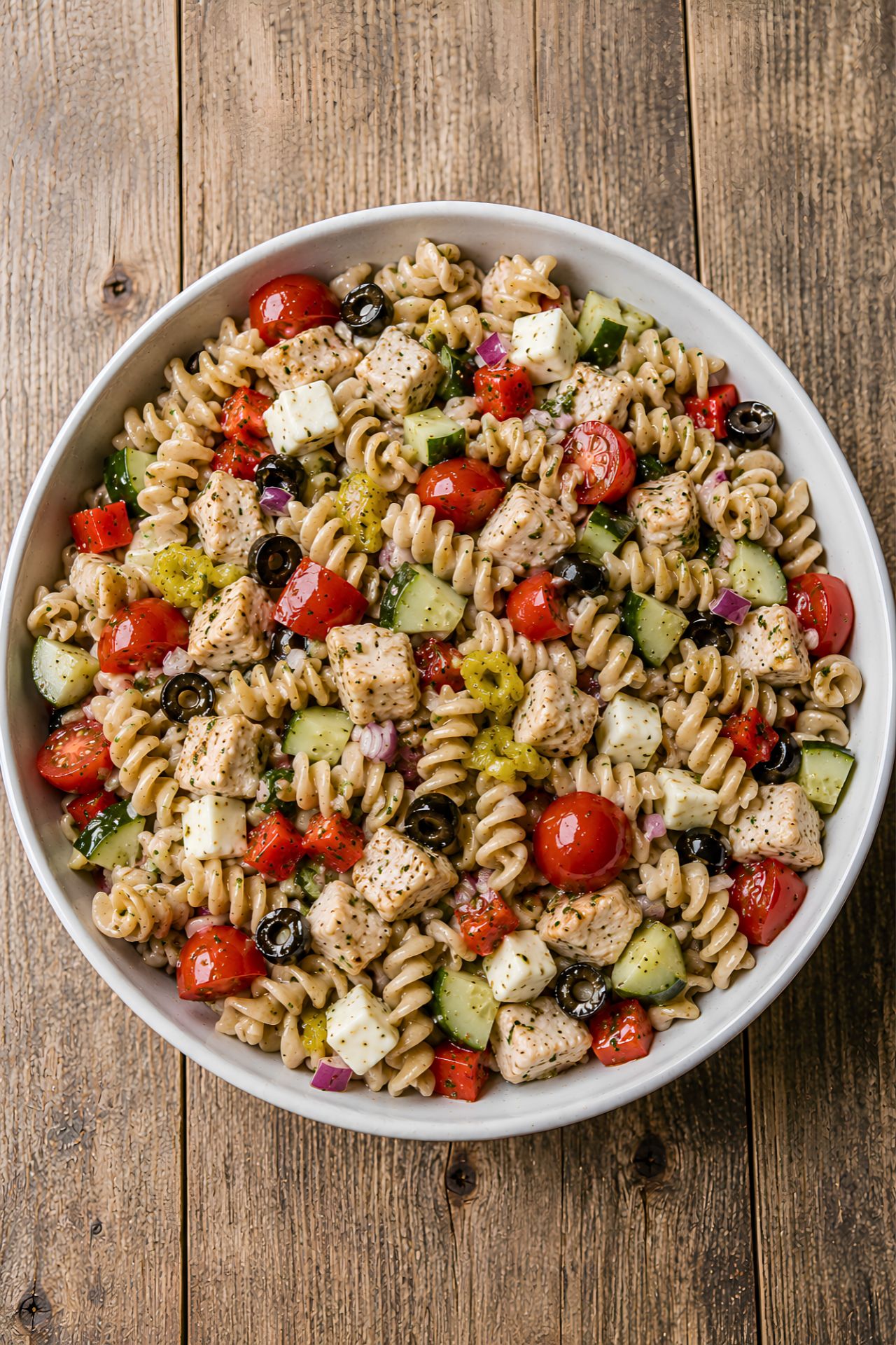 Overhead view of zesty Italian chicken pasta salad with whole wheat rotini, chicken, cherry tomatoes, cucumber, red bell pepper, red onion, pepperoncini, black olives, and mozzarella in a round white bowl on a rustic wood table.