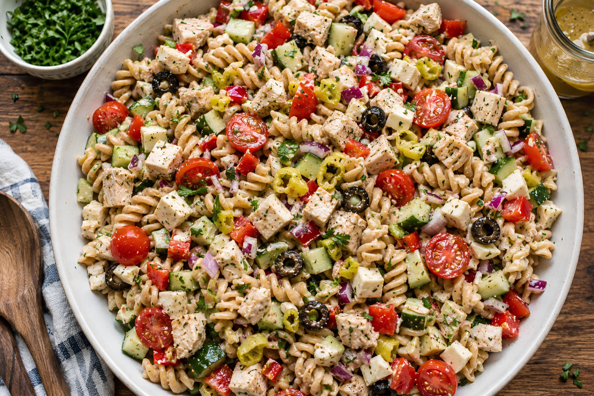 Zesty Italian chicken pasta salad with whole wheat rotini, chicken, cherry tomatoes, cucumber, red bell pepper, red onion, pepperoncini, black olives, mozzarella, and herbs in a large white bowl, with dressing and parsley nearby.