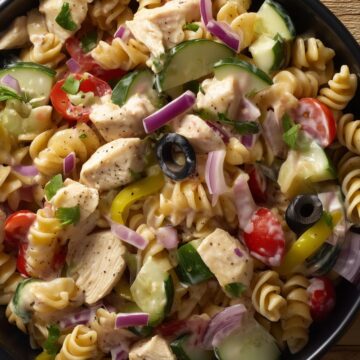 Close-up of zesty Italian chicken pasta salad with rotini, diced chicken, cucumbers, cherry tomatoes, red onion, black olives, and banana peppers in a black bowl.