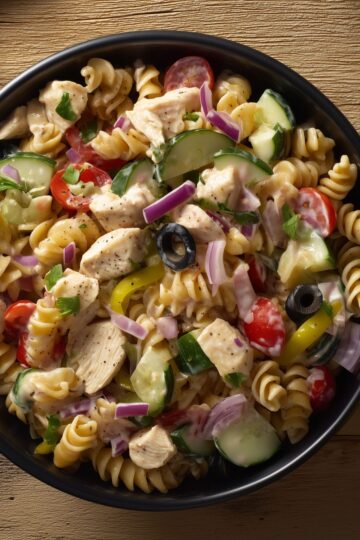 Close-up of zesty Italian chicken pasta salad with rotini, diced chicken, cucumbers, cherry tomatoes, red onion, black olives, and banana peppers in a black bowl.