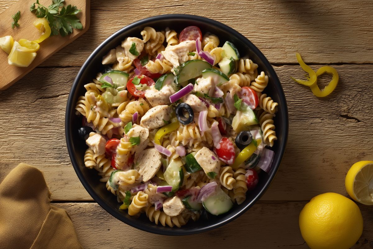 Overhead view of zesty Italian chicken pasta salad with rotini, chicken, cucumbers, tomatoes, red onion, black olives, and banana peppers in a black bowl on a rustic wooden table.