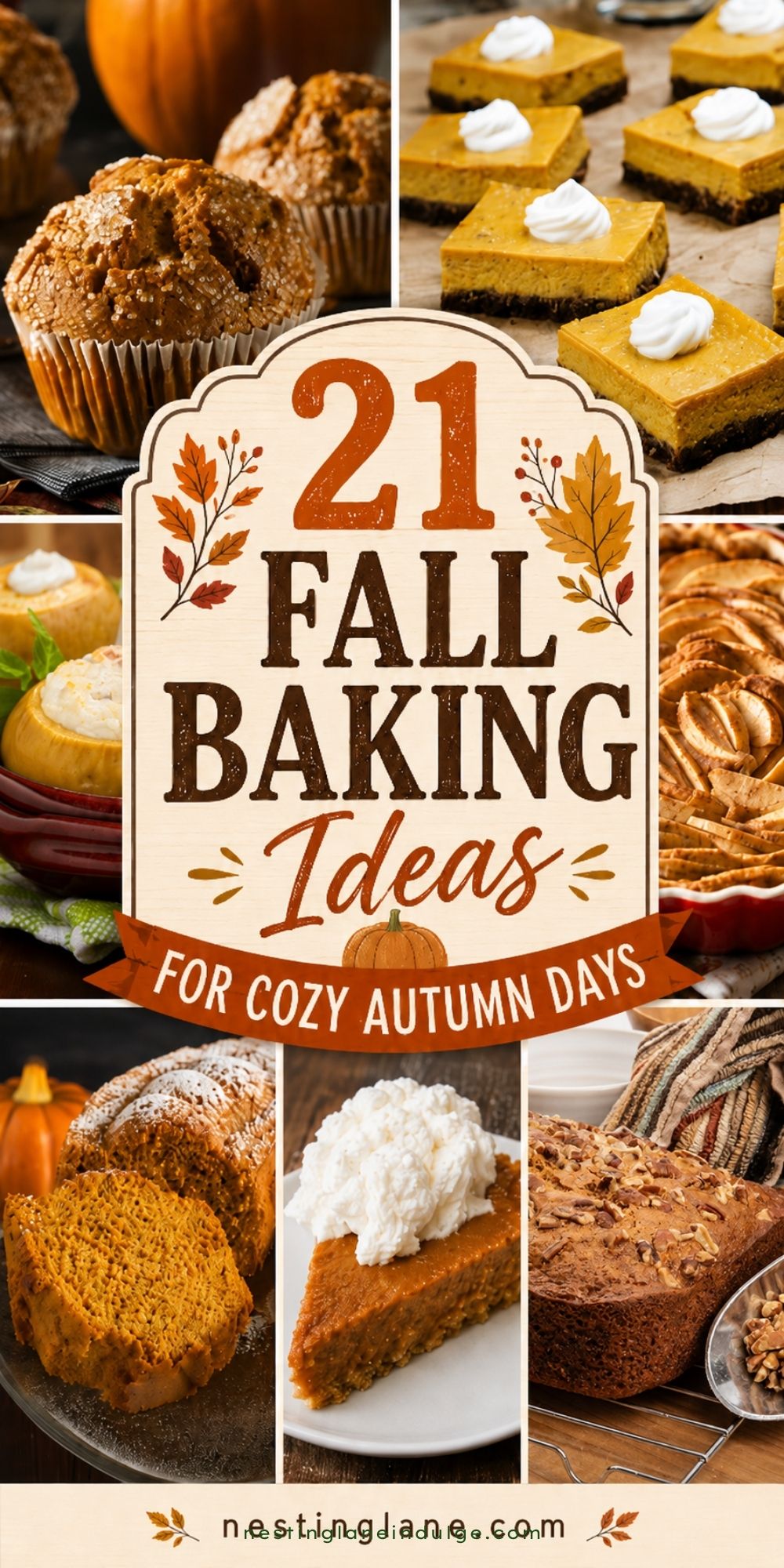 Fall baking collage with pumpkin muffins, pumpkin cheesecake bars, baked apples, pumpkin cake, pumpkin pie, and nut bread. Center sign reads “21 Fall Baking Ideas for Cozy Autumn Days,” with nestinglane.com at the bottom.