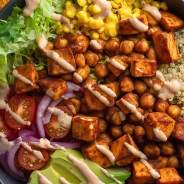 BBQ chickpea sweet potato bowl with roasted chickpeas and sweet potatoes, quinoa, corn, romaine lettuce, cherry tomatoes, red onion, sliced avocado, and creamy BBQ yogurt drizzle in a black bowl.
