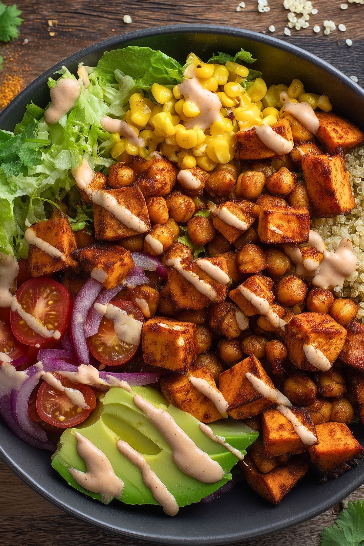 BBQ chickpea sweet potato bowl with roasted chickpeas and sweet potatoes, quinoa, corn, romaine lettuce, cherry tomatoes, red onion, sliced avocado, and creamy BBQ yogurt drizzle in a black bowl.