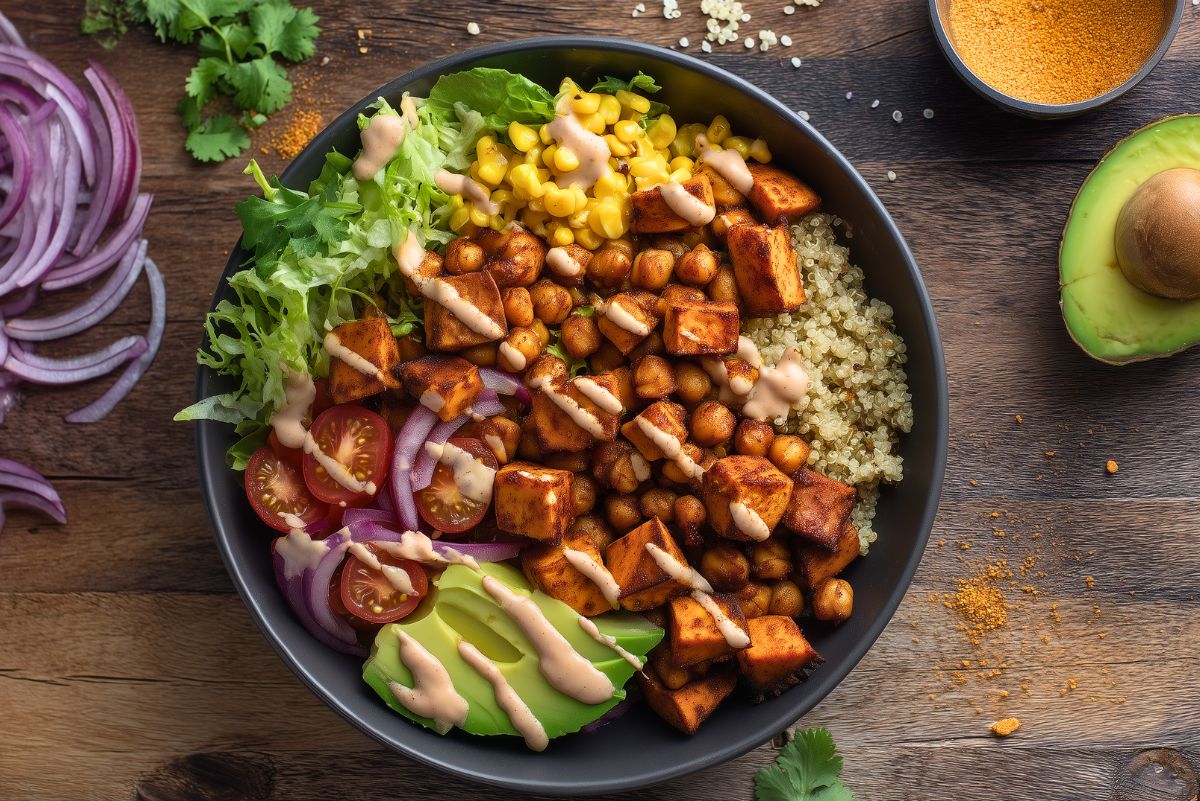 BBQ chickpea sweet potato bowl with roasted chickpeas and sweet potatoes, quinoa, corn, romaine lettuce, cherry tomatoes, red onion, avocado, and creamy BBQ yogurt drizzle in a black bowl on a rustic wood table.