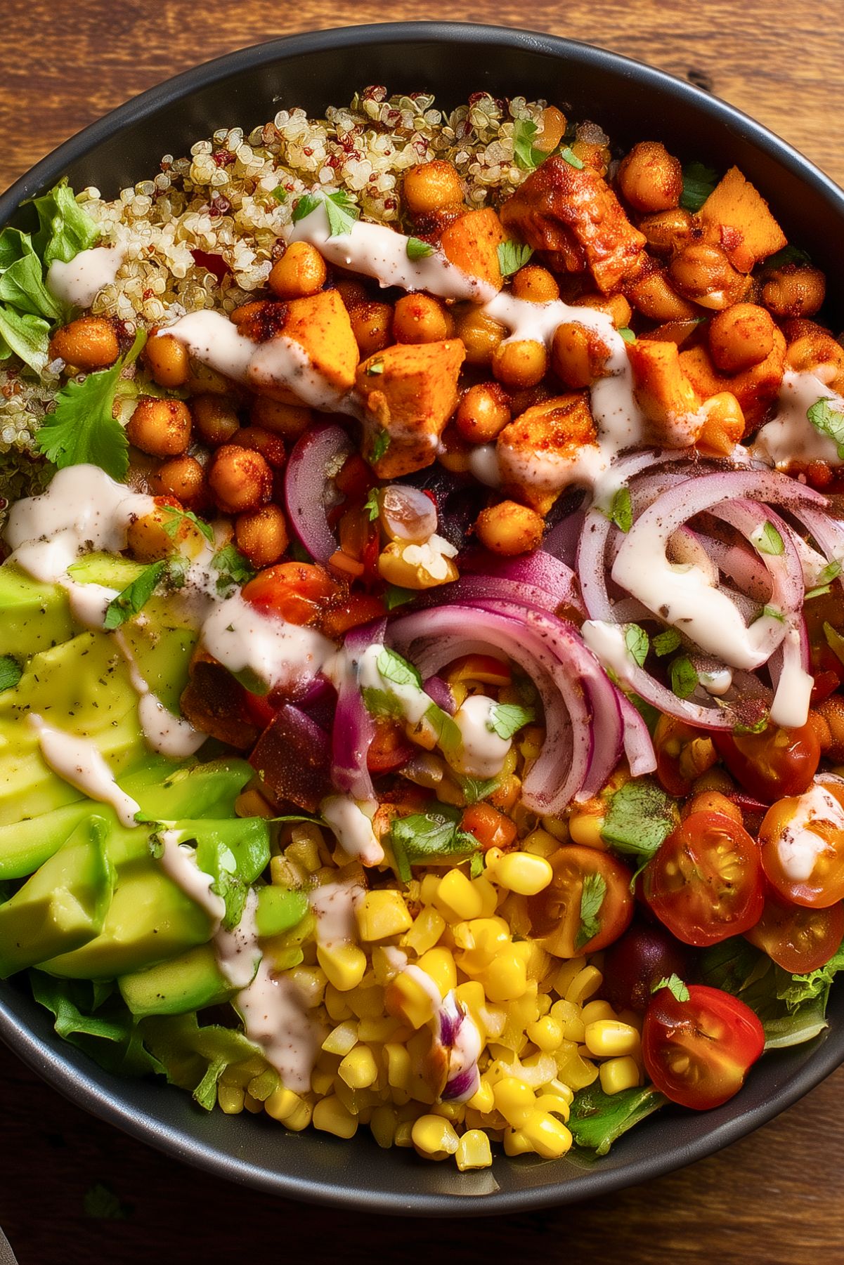 BBQ chickpea sweet potato bowl with roasted chickpeas, sweet potatoes, quinoa, avocado, corn, cherry tomatoes, red onion, lettuce, and creamy dressing.