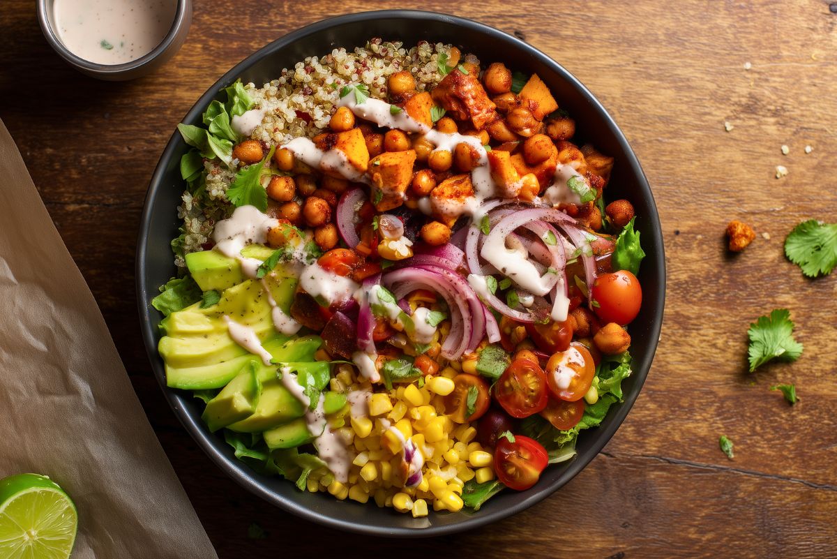BBQ chickpea sweet potato bowl with roasted chickpeas, sweet potatoes, quinoa, avocado, corn, cherry tomatoes, red onion, lettuce, and creamy dressing.