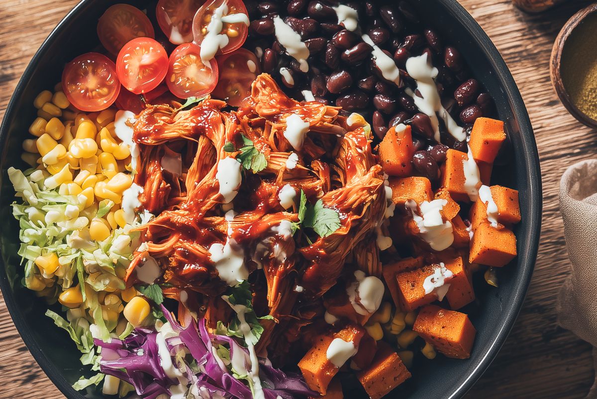 Close-up of a BBQ pulled chicken sweet potato bowl with roasted sweet potatoes, black beans, corn, cherry tomatoes, shredded cabbage, cilantro, and creamy dressing.