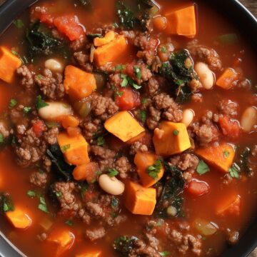 Close-up of hearty beef and sweet potato soup with ground beef, diced sweet potatoes, white beans, kale, tomatoes, and vegetables in a rich tomato broth.