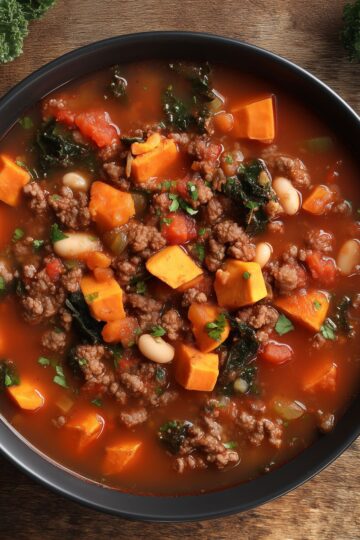 Close-up of hearty beef and sweet potato soup with ground beef, diced sweet potatoes, white beans, kale, tomatoes, and vegetables in a rich tomato broth.