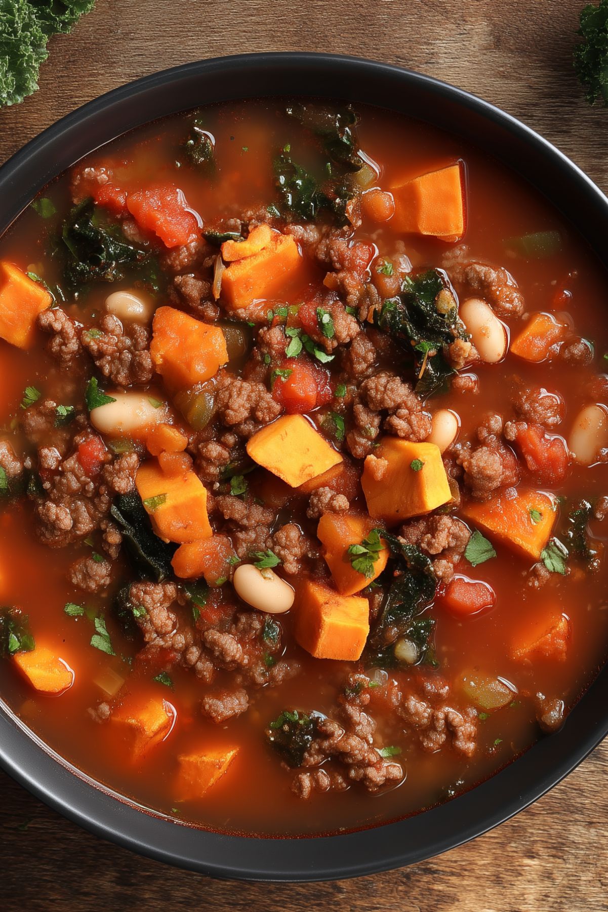 Close-up of hearty beef and sweet potato soup with ground beef, diced sweet potatoes, white beans, kale, tomatoes, and vegetables in a rich tomato broth.