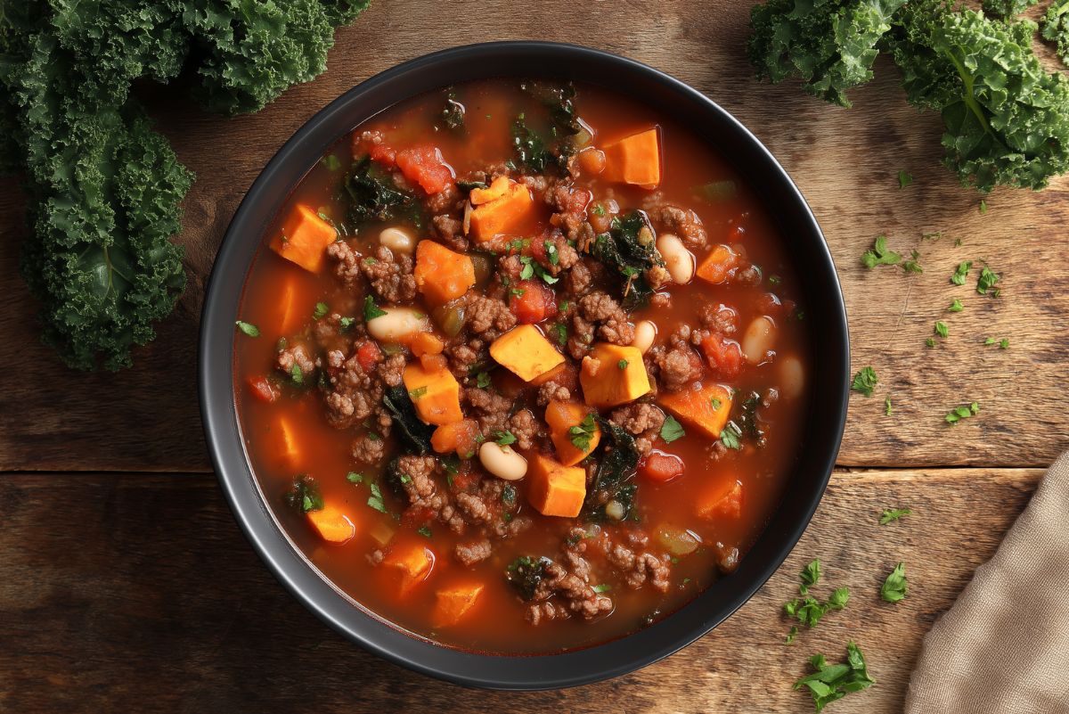 Black bowl of beef and sweet potato soup with ground beef, white beans, kale, and vegetables on a rustic wooden table.
