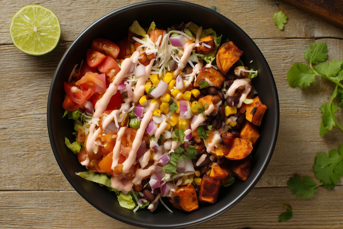 Black bean taco sweet potato bowl with roasted sweet potatoes, black beans, corn, tomatoes, lettuce, red onion, shredded cheese, and creamy dressing.