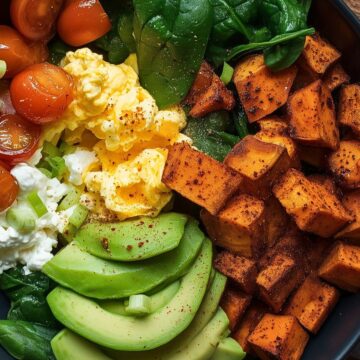 Close-up breakfast sweet potato protein bowl with roasted sweet potatoes, scrambled eggs, cottage cheese, spinach, cherry tomatoes, avocado slices, and green onions in a black bowl.