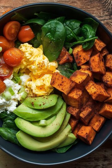 Close-up breakfast sweet potato protein bowl with roasted sweet potatoes, scrambled eggs, cottage cheese, spinach, cherry tomatoes, avocado slices, and green onions in a black bowl.